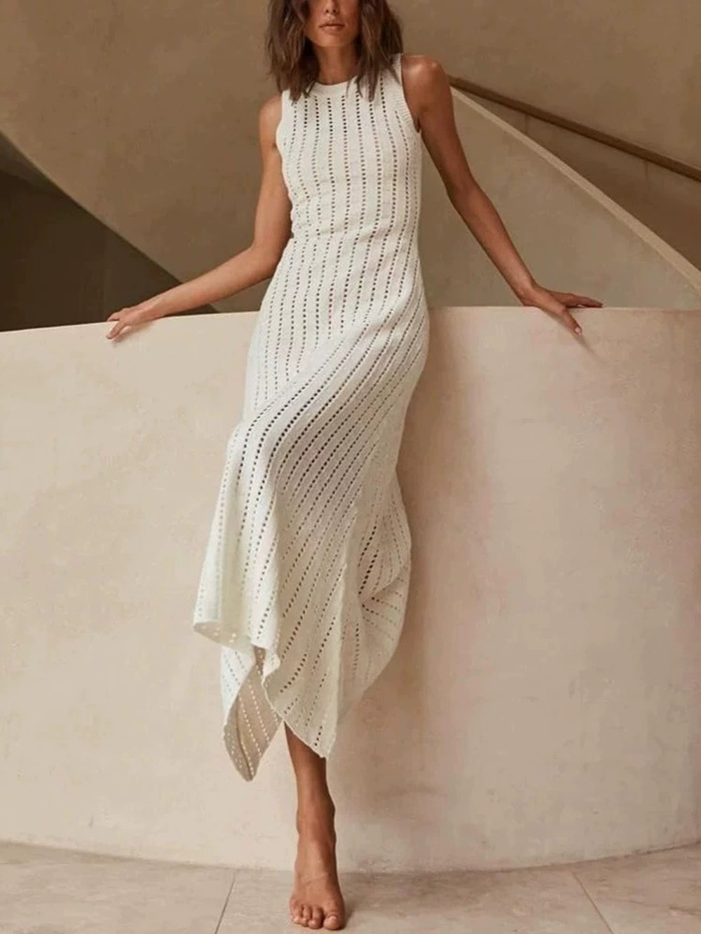 ZARA Womens Solid Knit Openwork Round Neck Sleeveless Long Beach Cover Up Dress